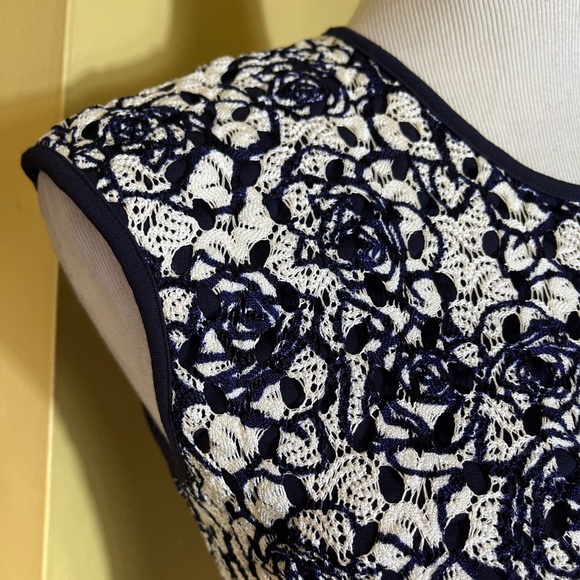 REISS Size 6 Ralli Sheath Dress Lace Allover Stretch Blue White Ruched Waist - Picture 5 of 16